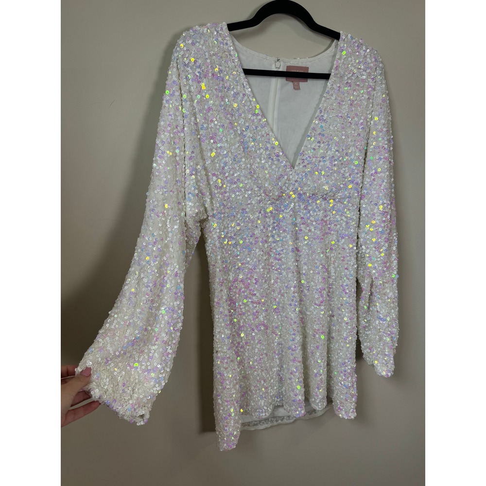 Show Me Your Mumu White Iridescent Sequin Mini Dress Long Sleeve V-Neck XL - Picture 4 of 7